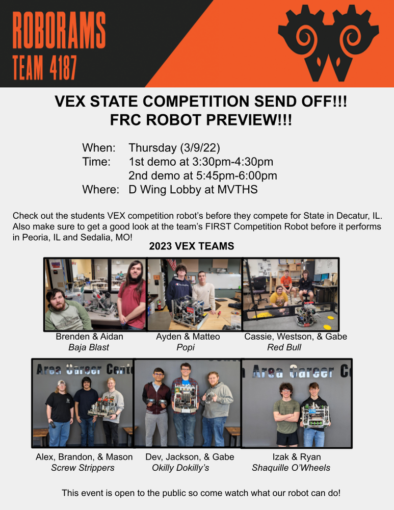 2023 RoboRams Robot Preview Thursday, March 9th at MVTHS